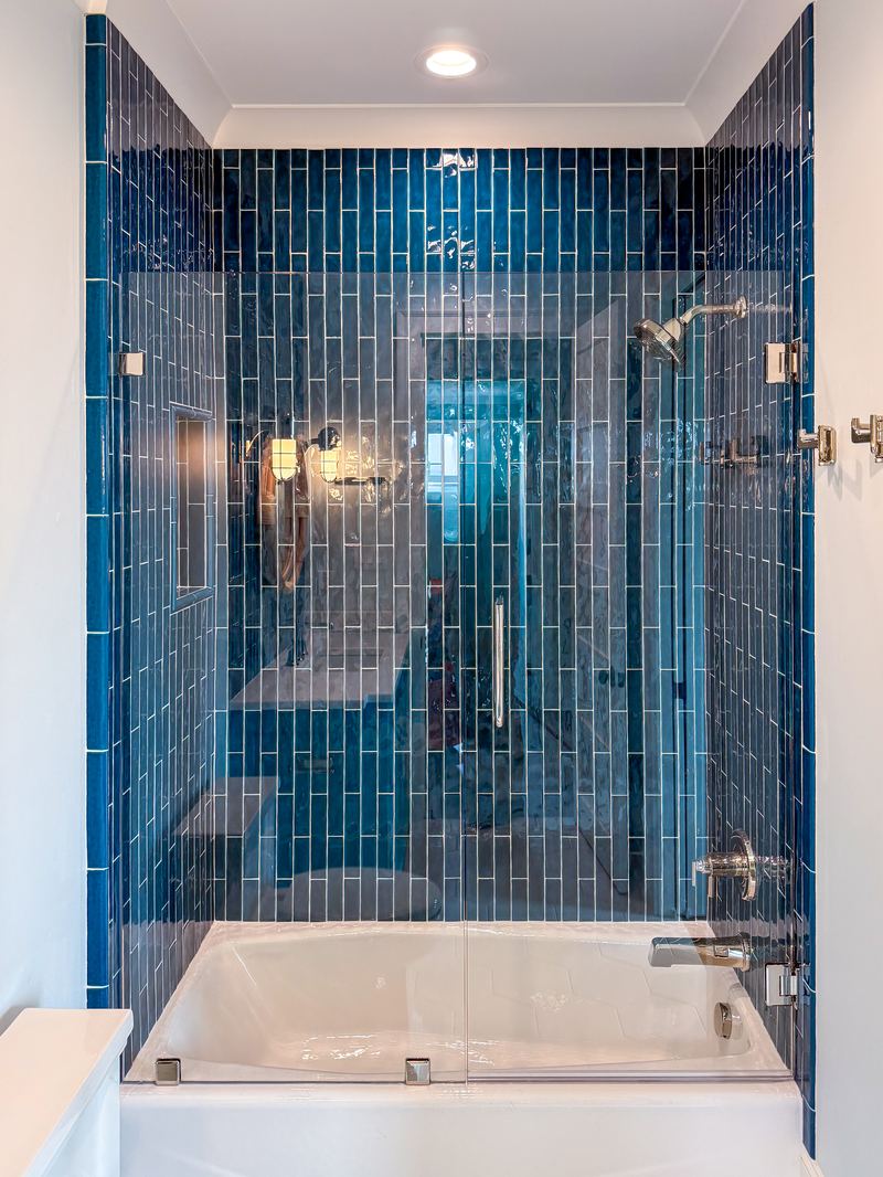 Blue Glass Tile Tub Enclosure