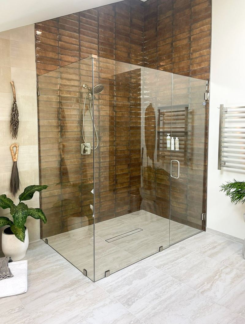 Frameless Shower with Wood Tile