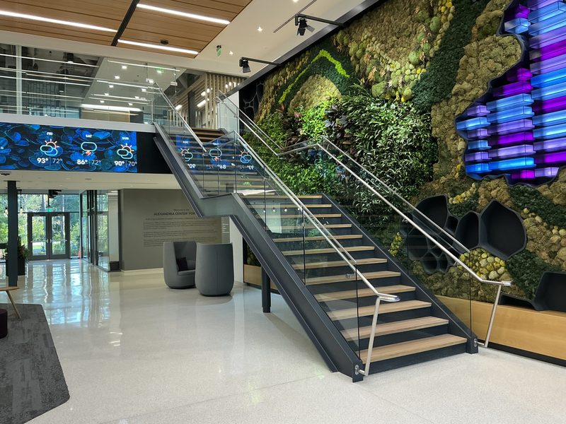 Glass handrails on the open stair at 5 Lab